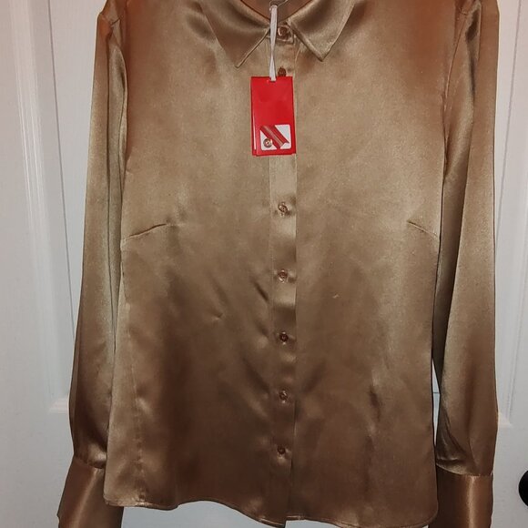 PURE COLLECTION BLOUSE 100% SILK LONG SLV SHIRT TAIL HEM CHAMPAGNE BEIGE SZ 12 - Picture 7 of 16